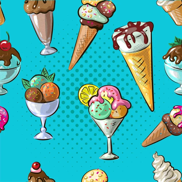 冰淇淋无缝花纹不同类型 n 蓝点背景 — 图库矢量图片