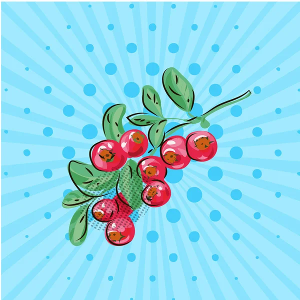 Βακκίνια με φύλλα πάνω σε ένα κλαδί σε μπλε φόντο. Εικονογράφηση διάνυσμα. Χέρι σε στυλ pop art. Οικολογική τροφίμων — Διανυσματικό Αρχείο