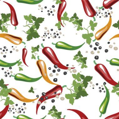 Kırmızı, sarı ve yeşil biber. Yeşil leavs. Peppercorns.Hand tarzı pop art Tarih çizilmiş. Vektör çizim, seanless, ayarla