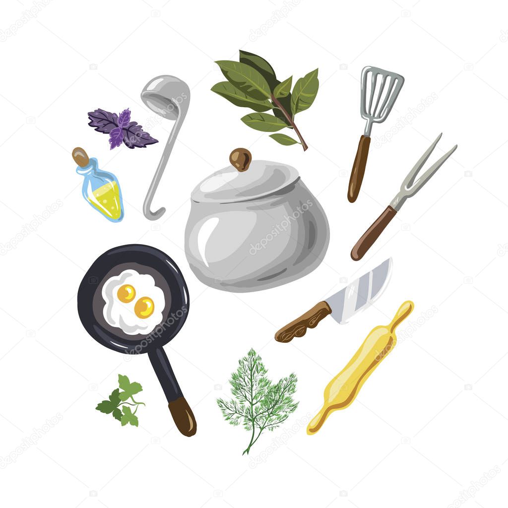 A set for cooking, eggs, greenery. Hand drawn on style pop-art. Vector illustration, cartoon.