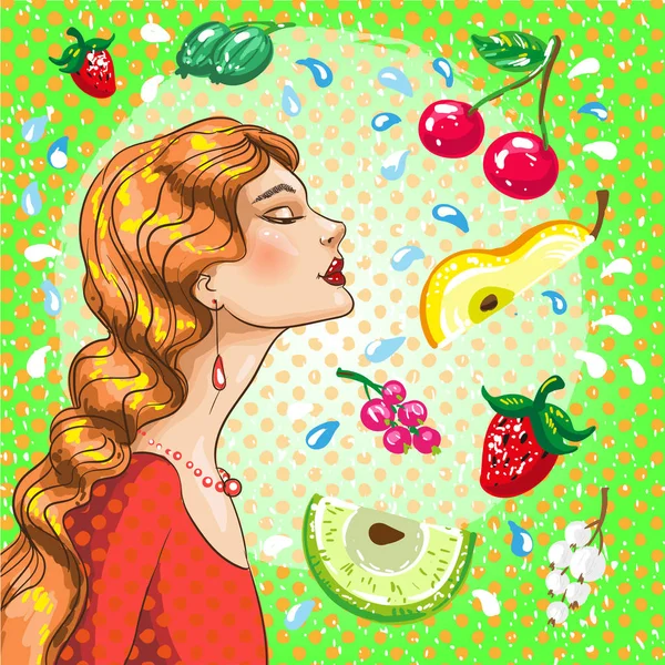 Ilustracja wektorowa z piękną dziewczyną z owocami — Wektor stockowy