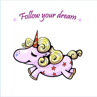 İyi geceler. Şirin tek boynuzlu at uyku ve gökkuşağı poster, kartpostal. Uyku yıldız parlaklık.