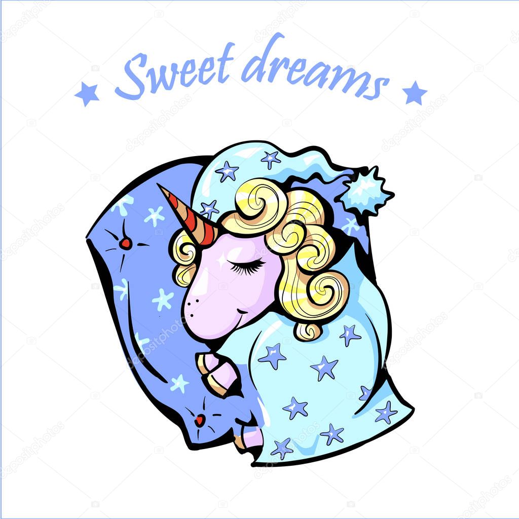 Magical sweet dreams sleeping baby unicorn under blanket