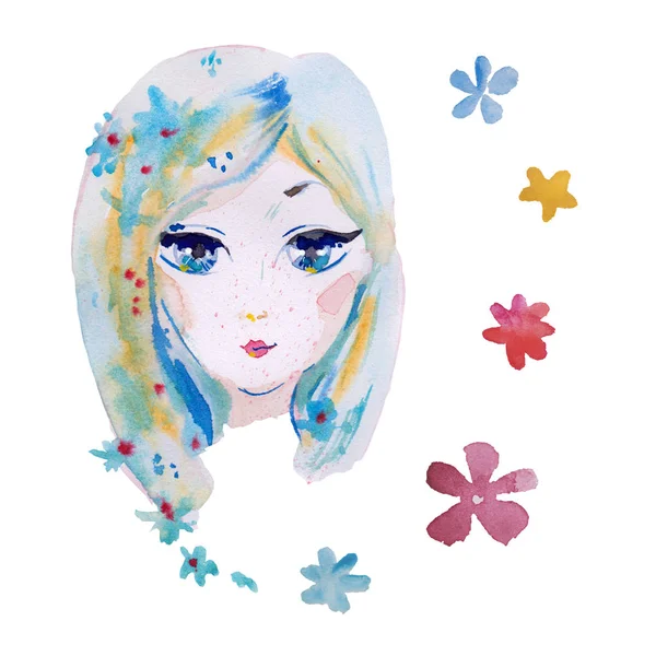 Ładny akwarela ręcznie malowane dziewczyna z duże oczy, małe usta plamka twarz kwiaty w akwarela i włosy kwiaty na białym tle — Zdjęcie stockowe