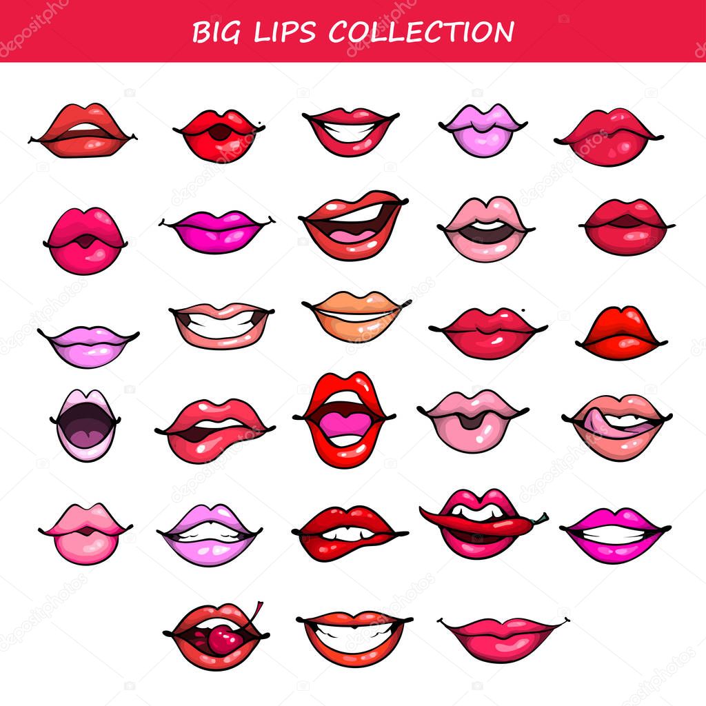 Big Vector lips set comic fashion emotions pop art style different color lipstick cosmetics isolated on white background