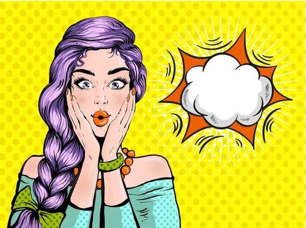 Pop art zaskoczony woman piękny twarz z otwartymi ustami i jasne fioletowe włosy na kropkowanym tle. Komiks kobieta z dymek. Ilustracja wektorowa. — Wektor stockowy