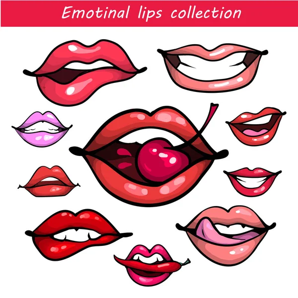 Vrouw mode lip gebaren instellen. Meisje monden close-up met rode en roze lippenstift make-up uiting van verschillende emoties geïsoleerd op witte stickers collectie — Stockvector
