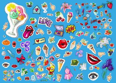 şirin komik komik karikatür nesne, göz, Serçe, pizza, hançer ve diğer büyük vektör kümesi apps, kitaplar, kartları veya etiketleri için