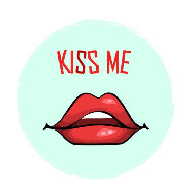Tebrik kartı, poster kırmızı el çekilmiş dudaklar öp beni. Vektör çizim ifade ile Kiss Me beyaz arka plan üzerinde izole