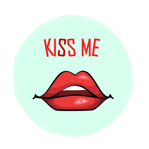 Kus me wenskaart, poster met rode hand getrokken lippen. Vectorillustratie met de term Kiss Me geïsoleerd op witte achtergrond — Stockvector