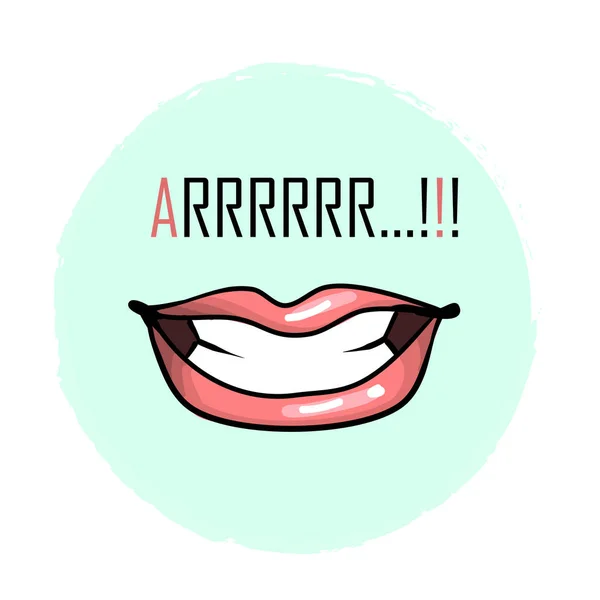 Usta z zębów i słowo Arrrr warczeć na białym dla ilustracji wektorowych naklejki wydruki tle — Wektor stockowy