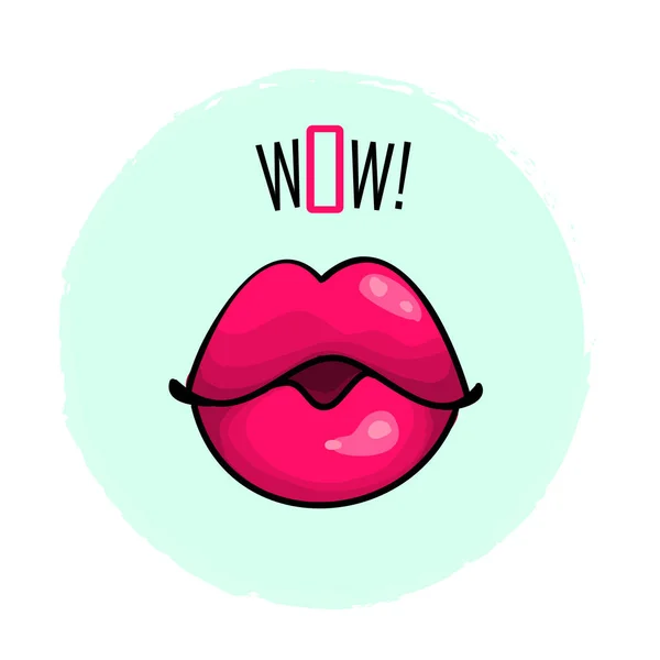 Labios color rosa con la palabra wow moda impresión vector ilustración aislada en blanco — Archivo Imágenes Vectoriales