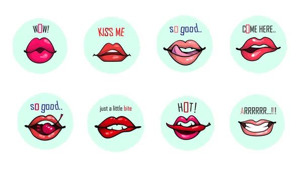Lips with phrases collection set, sensual hand drawn vector illustration for print sticker patch badges isolated on white background — Stock Vector