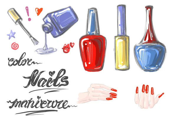 Un ensemble de vernis à ongles pour manucure. Eléments dessinés à la main avec les mains ongles rouges bouteille ouverte et mots Ongles Couleur Manucure illustration vectorielle — Image vectorielle