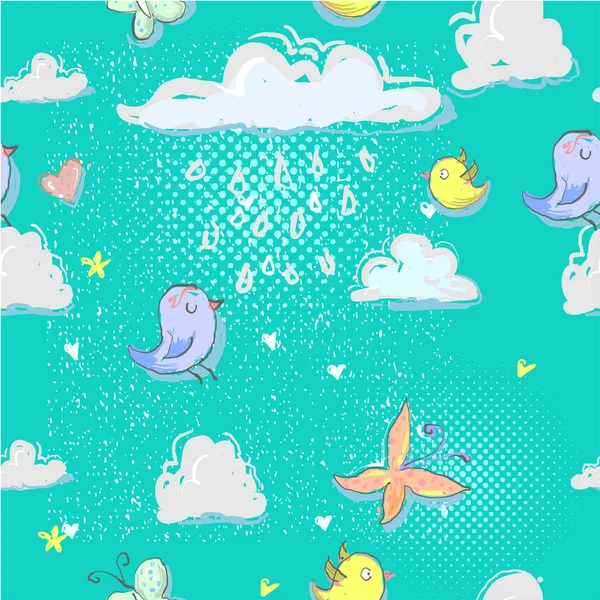 Cartoon seamless pattern with cute birds, clouds, butterfly and hearts in the sky. Vector illustration — Stock Vector