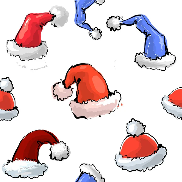 Carino colorato modello senza cuciture di cappelli di Babbo Natale su sfondo bianco vettoriale illustrazione — Vettoriale Stock