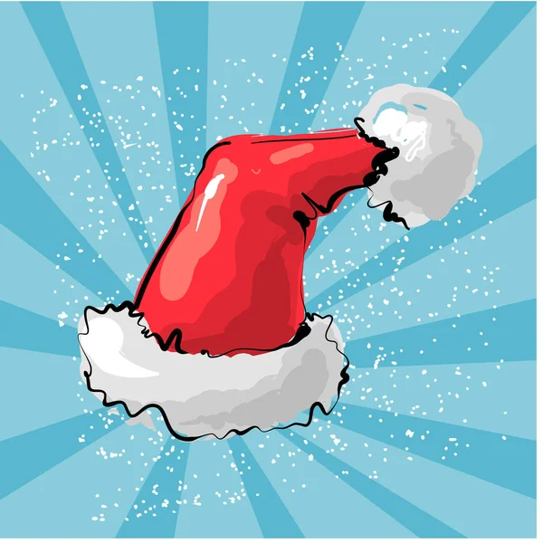 Vektor-Illustration des roten Weihnachtsmannhutes mit hellblauem Schnee-Strahl-Hintergrund — Stockvektor