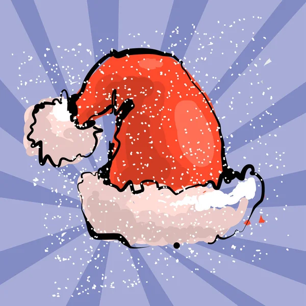 Illustrazione vettoriale del cappello rosso di Babbo Natale con sfondo blu a raggi di neve — Vettoriale Stock