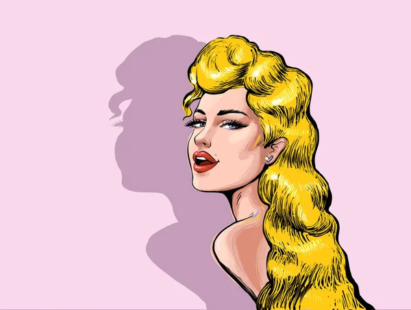 Hermosa atractiva mujer rubia sexy con la boca abierta y el pelo largo mirando hacia atrás vector ilustración de alta calidad — Vector de stock