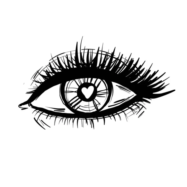 Глаз с сердцем и длинные ресницы черно-белый вектор иллюстрации, концепция любви — стоковый вектор