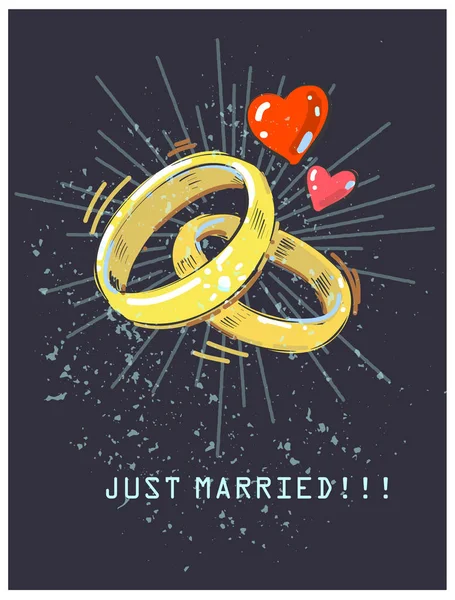 Anéis de casamento e corações vermelhos brilhando no fundo escuro. Apenas casado cartão de casamento vintage —  Vetores de Stock