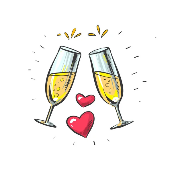 Пара игристых бокалов шампанского с двумя сердцами — стоковый вектор