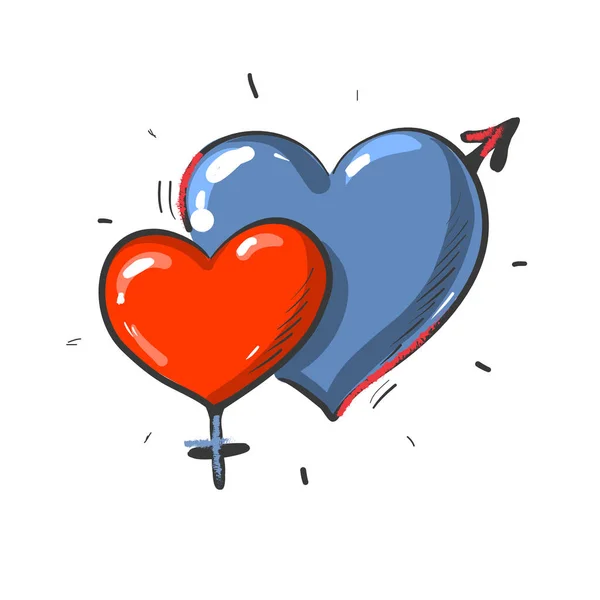 Два сердца мужской и женский пол, синий и красный формы сердца, изолированные на белом — стоковый вектор
