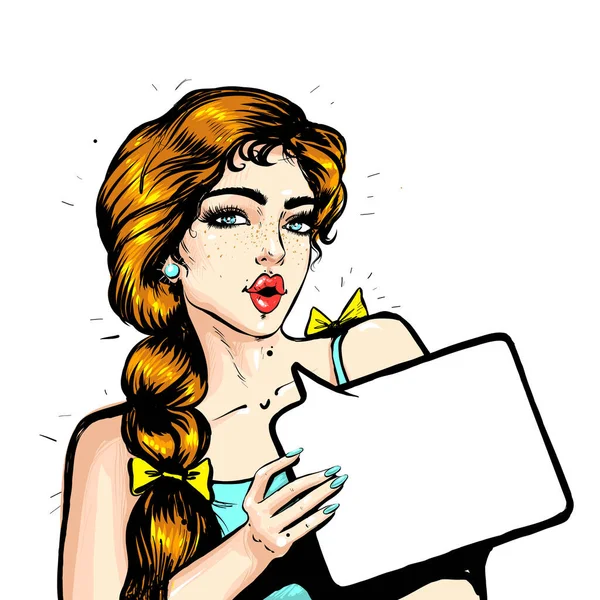 Pop art retro estilo cómic panel con la moda hermosa chica hablando tonterías charla pequeña charla en el habla burbuja vector cartel diseño ilustración — Vector de stock