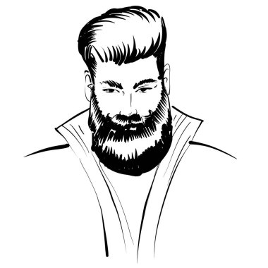 Hand drawn portrait of bearded man full face. Vector sketch black and white