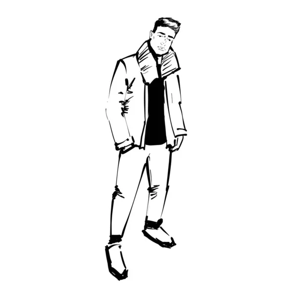 Desenho à Mão Livre. Bonito homem elegante apresentando moda de rua — Vetor de Stock