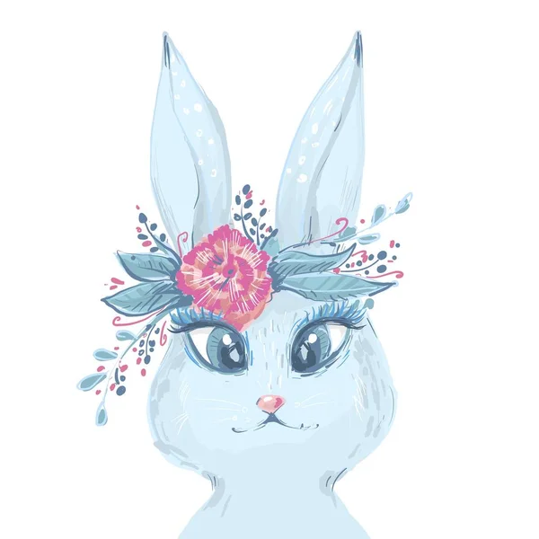 Vitt kaninporträtt med ros. Akvarell påsk konst tryck. Vektor handritad illustration i vintage stil. — Stock vektor