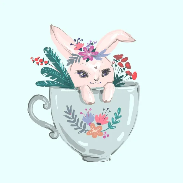 กระต่ายนั่งอยู่ในถ้วยใหญ่และดอกไม้น่ารัก กระต่ายสวมมงกุฎดอกไม้นั่งอยู่ในถ้วยใหญ่ ตัวละครของกระต่ายน่ารัก — ภาพเวกเตอร์สต็อก
