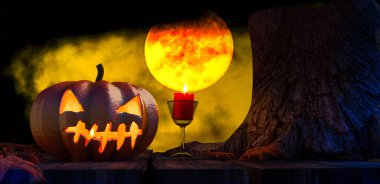 Ahşap masada Cadılar Bayramı balkabağı