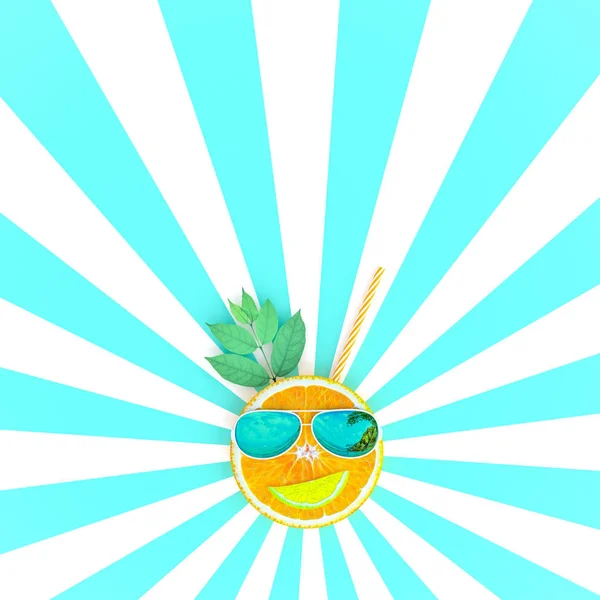 Orangefarbene Scheiben mit Sonnenbrille auf blau-weißer Musterfarbe — Stockfoto