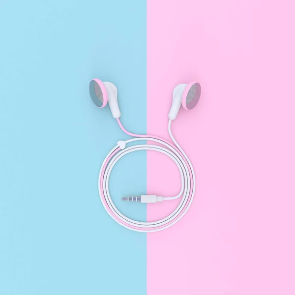 Pink earphone on blue and pink pastel color background — Stock Photo, Image