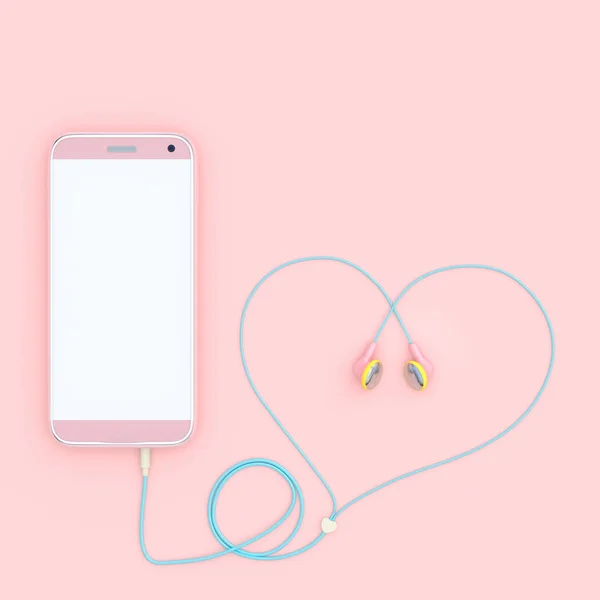 Telefone inteligente cor-de-rosa e fones de ouvido cor de rosa forma do coração — Fotografia de Stock