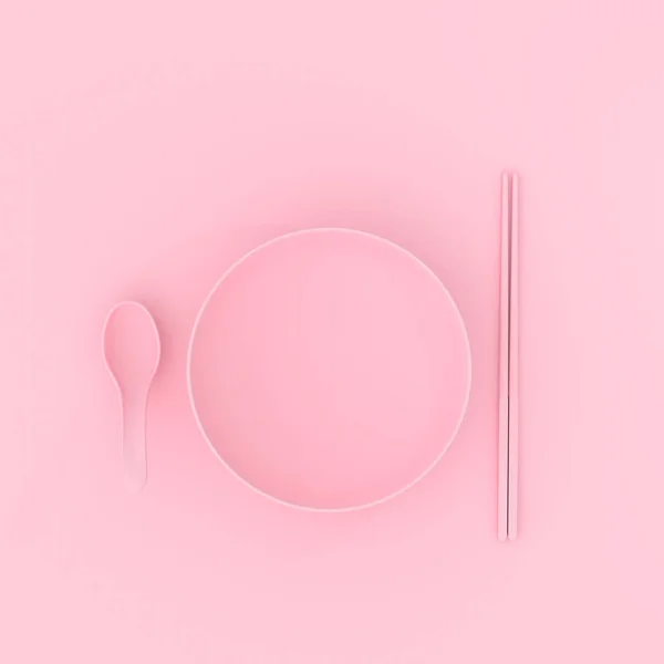 Миска з ложкою і паличками рожева мінімальна концепція — стокове фото