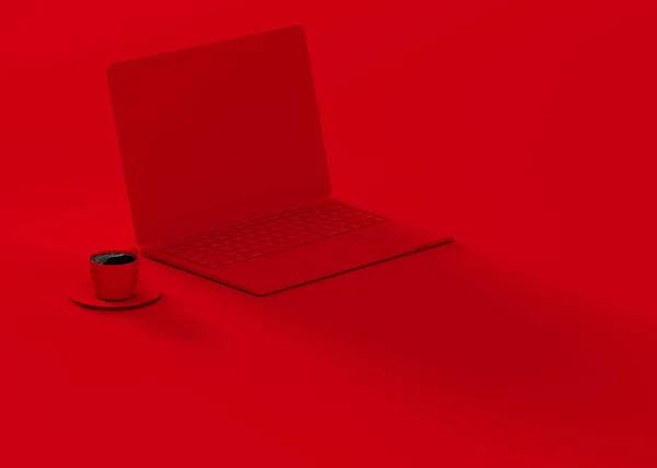 Laptop en az kavramı yanında siyah kırmızı kahve