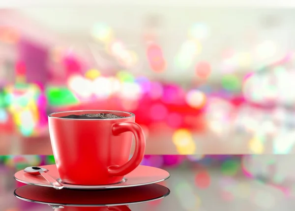 Czerwony filiżanka kawy na tle streszczenie niewyraźne zdjęcie — Zdjęcie stockowe