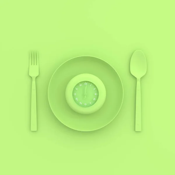 Годинник в тарілці з ложкою і виделкою пастельний зелений колір — стокове фото