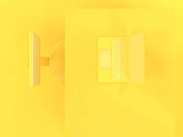 Masa ve sandalye üstünde laptop sarı pastel Minimal kavramı — Stok fotoğraf