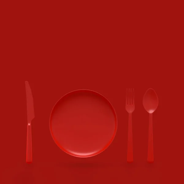 ナイフとプレートの赤い色最小限概念とフォークとスプーン — ストック写真