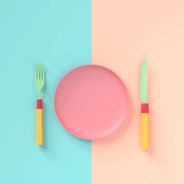Fork with knife and  plate pastel color — Stock Photo, Image