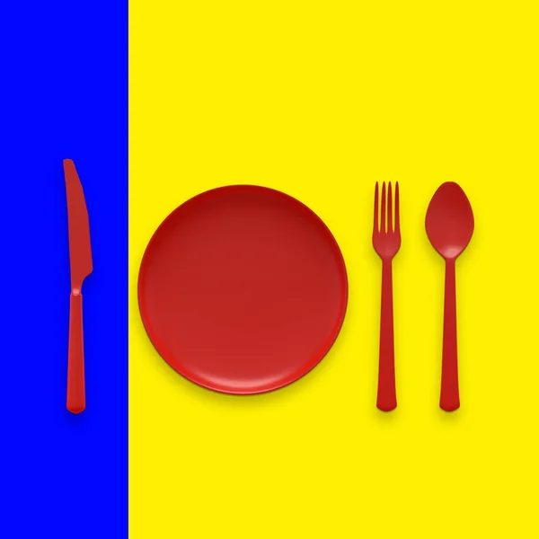 Ложка з виделкою з ножем і тарілкою червоного кольору — стокове фото