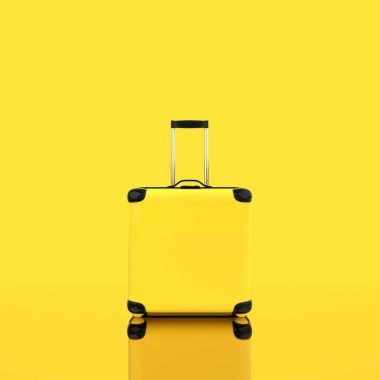 Kırpma yolunu ve moc ile izole bavul sarı renk seyahat etmek