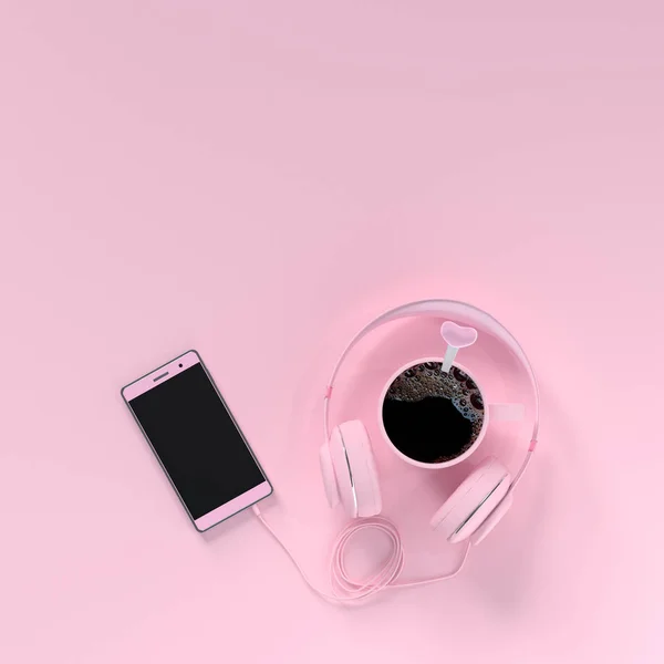 Bebida café preto vista superior com fone de ouvido e smartphone — Fotografia de Stock