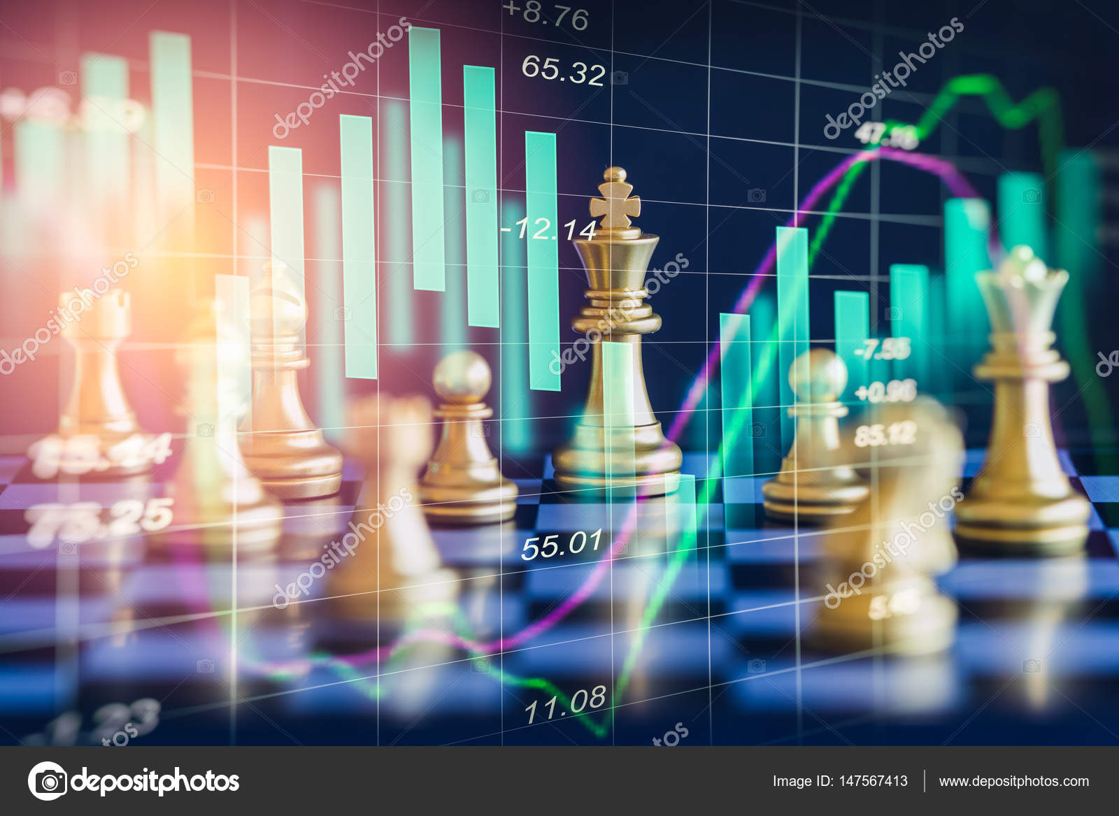 数字金融的股票市场和象棋高建群的商业游戏——图库图片© phongphan #147567413
