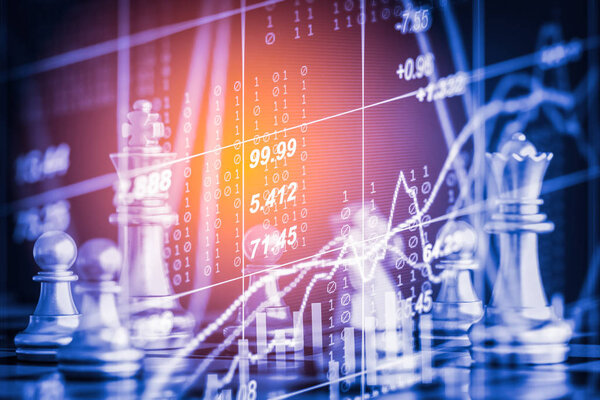 Business game on digital stock market financial and chess backgr