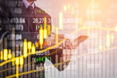Finansal borsa üzerinde çift pozlama iş adamı. Hisse senedi 