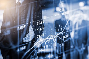 Çift pozlama işadamı ve borsa veya forex grafik takım elbise